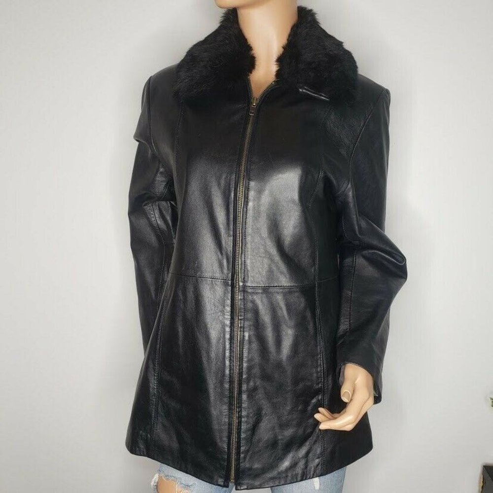 Mitsu Leather Coat Jacket Full-Zip Faux Fur Collar